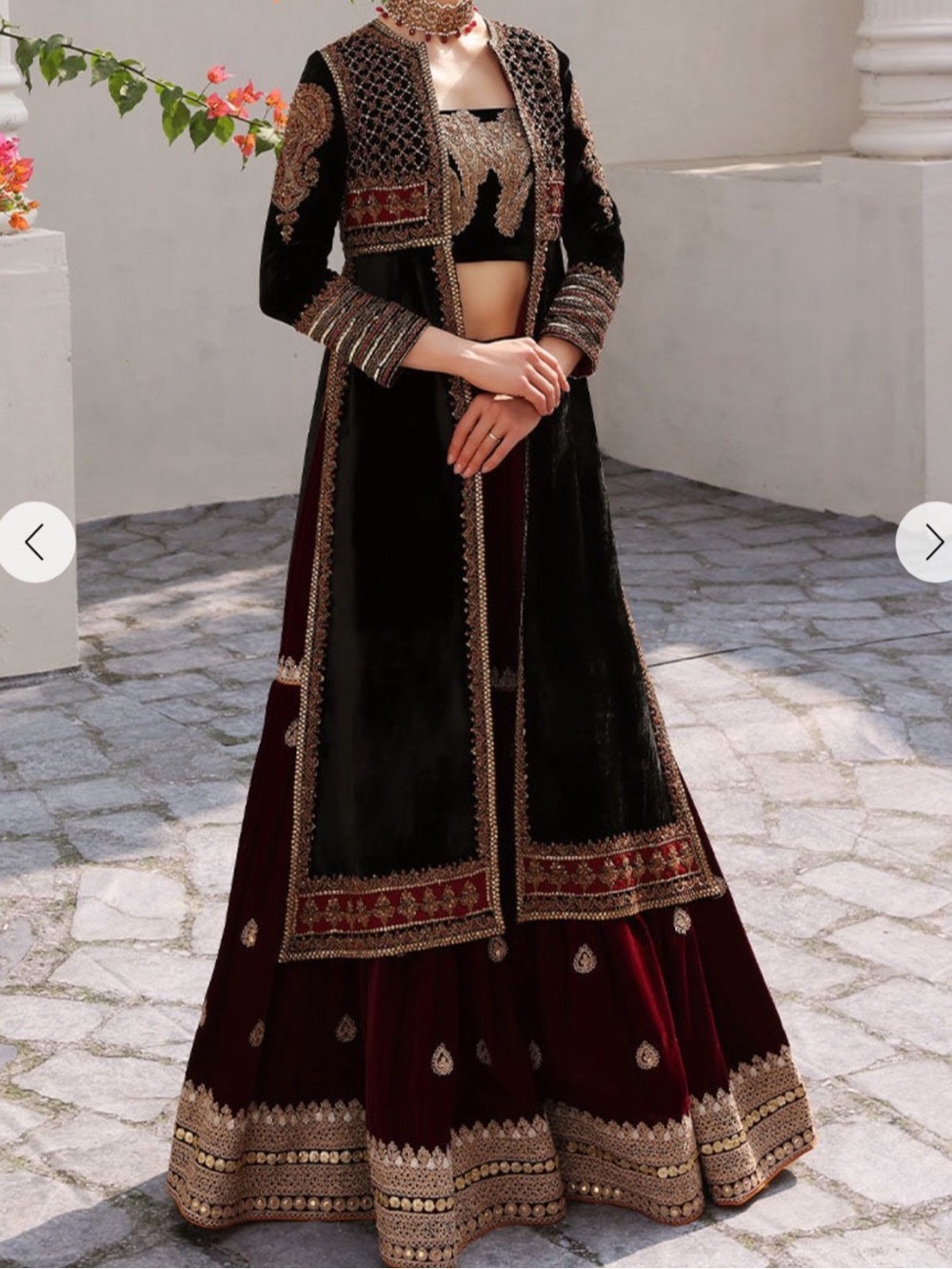 Embroidered Velvet Lehenga Set in Black and moongia green Hand embroidered